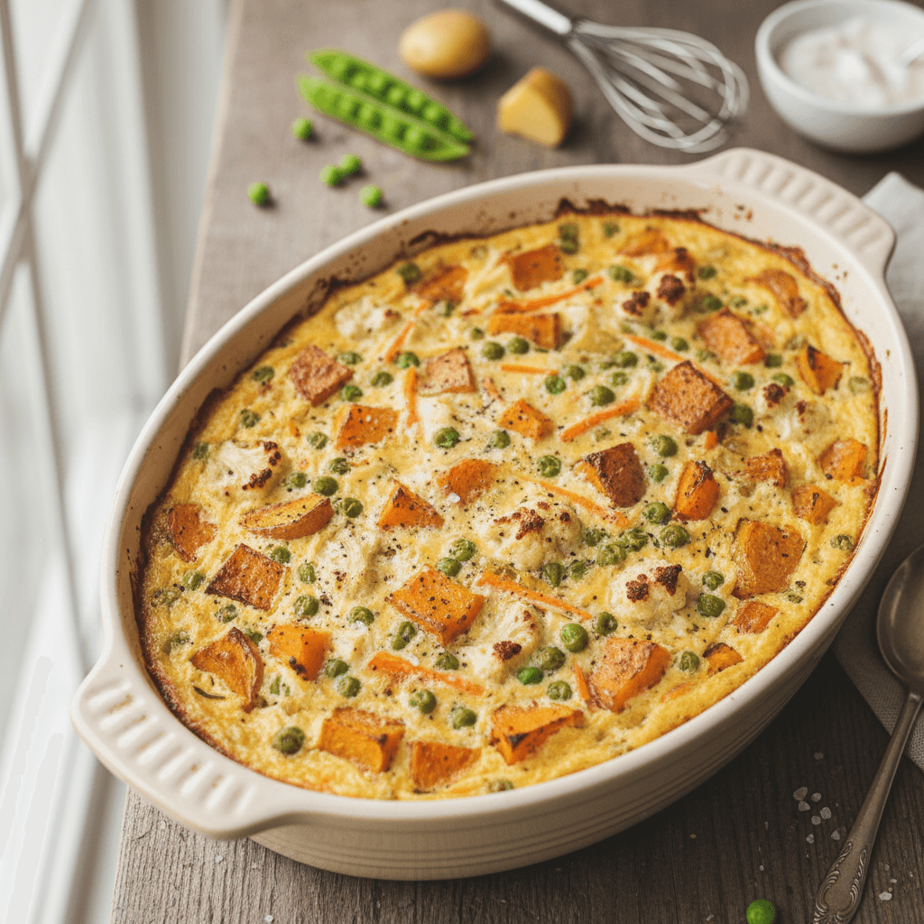 Daržovių apkepas su bulvėmis, moliūgu ir žirneliais, kepimo formoje, su švelniai apskrudusiu viršumi