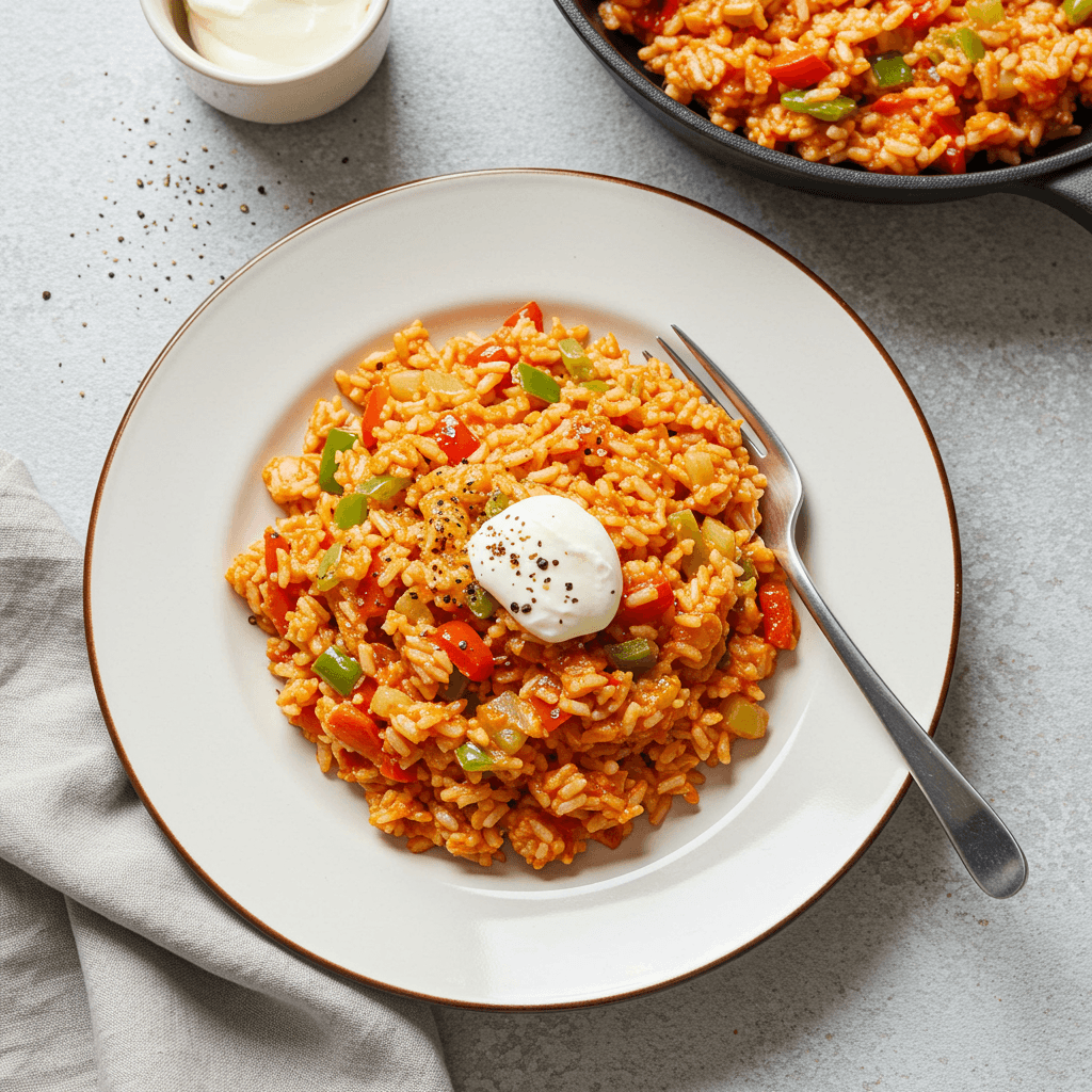 Cheesy paprika rice dish in a bowl