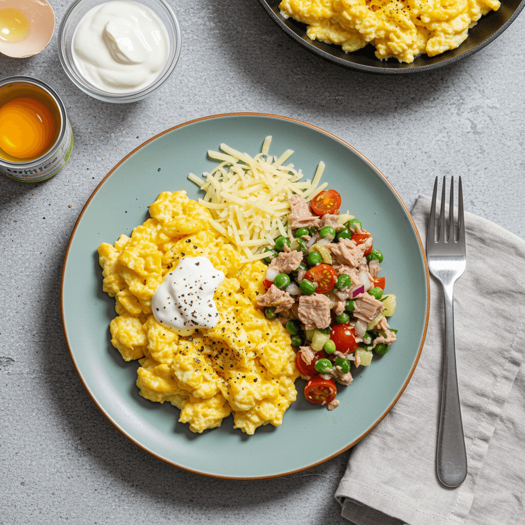 Plate of fluffy scrambled eggs with melted cheese and a side of tuna and cucumber salad