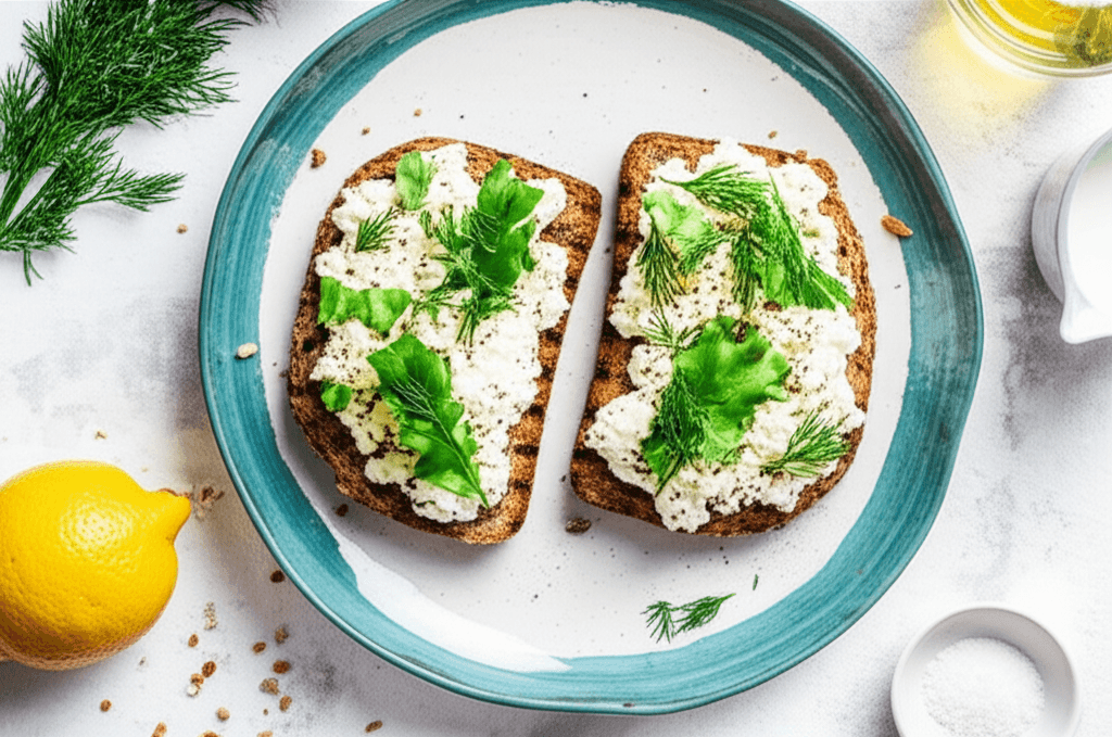 Two sandwiches with cottage cheese, garnished with fresh herbs, placed on a wooden board.
