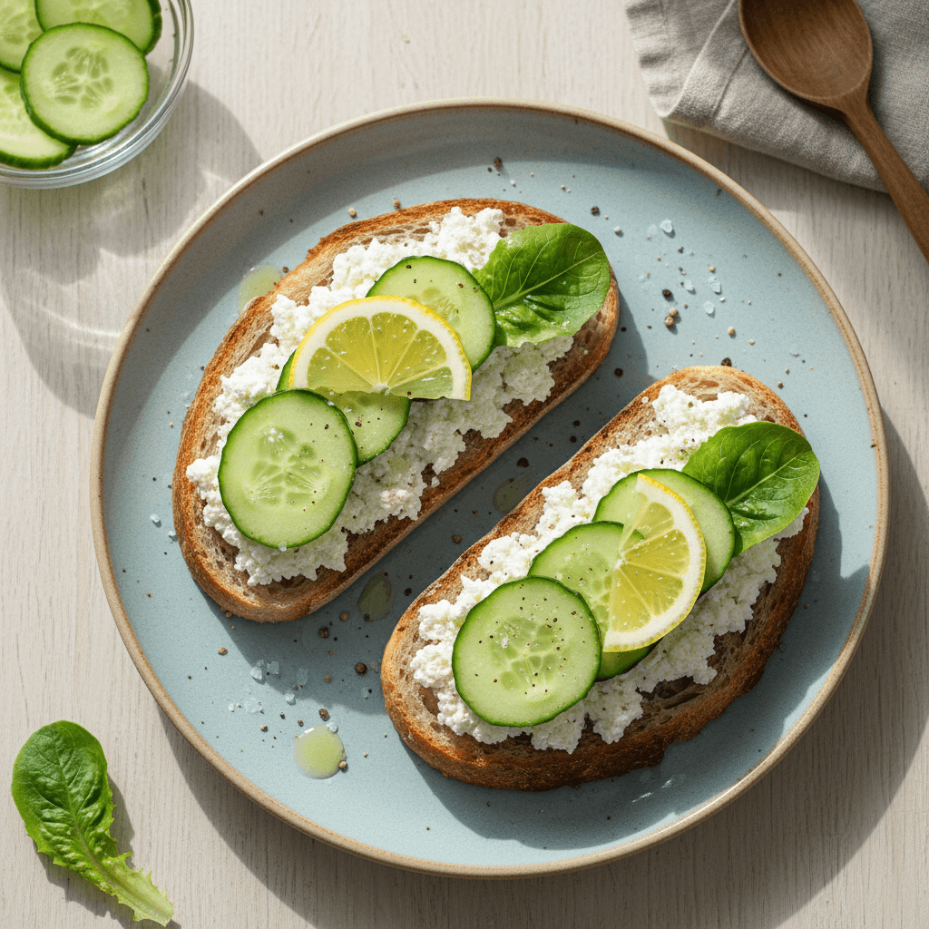 Two sandwiches with white cottage cheese, fresh green lettuce leaves, and cucumber slices, served on a wooden board.