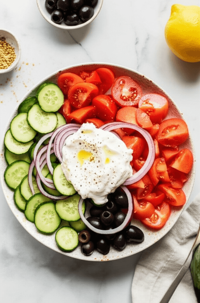 Fresh salad with diced cucumbers, tomatoes, onions, and olives, drizzled with a creamy protein dressing