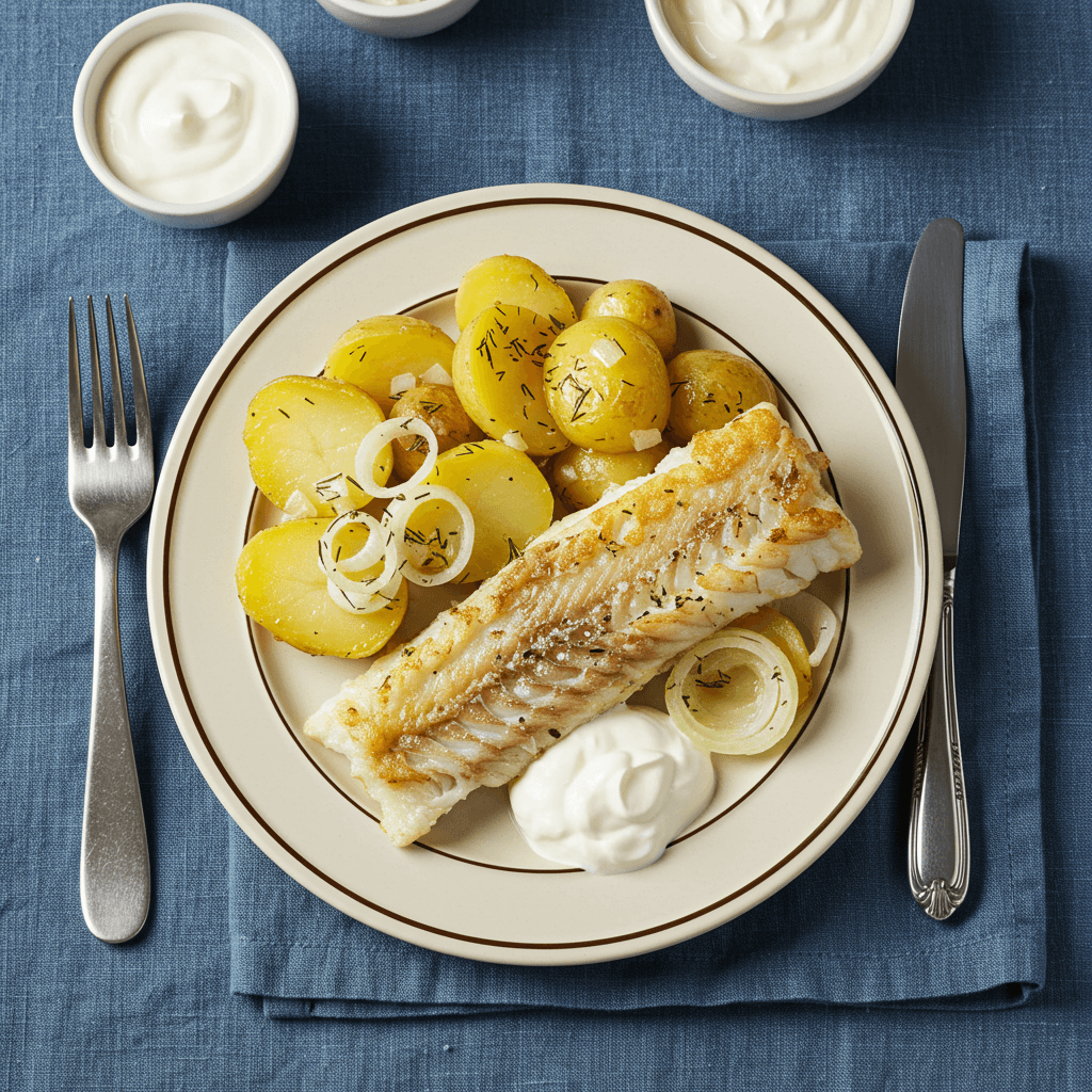 Plate with pan-fried cod fillet, crispy potatoes and onions, and a dollop of sour cream.