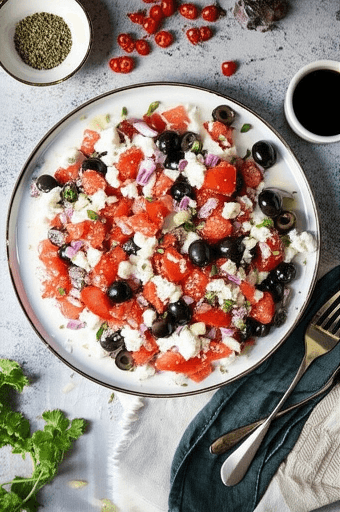 Gaivios salotos su smulkintais pomidorais, alyvuogėmis, svogūnu ir kreminiu graikiško jogurto padažu, patiektos dubenyje.