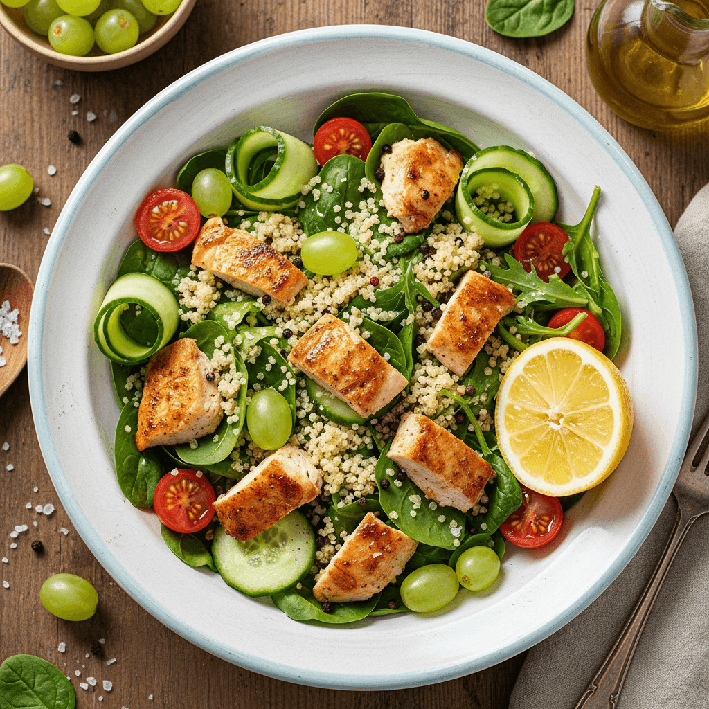 Spalvingos salotos su pjaustyta kepta vištiena, įvairiomis daržovėmis, vynuogėmis ir grūdais, apšlakstytos citrinos padažu.