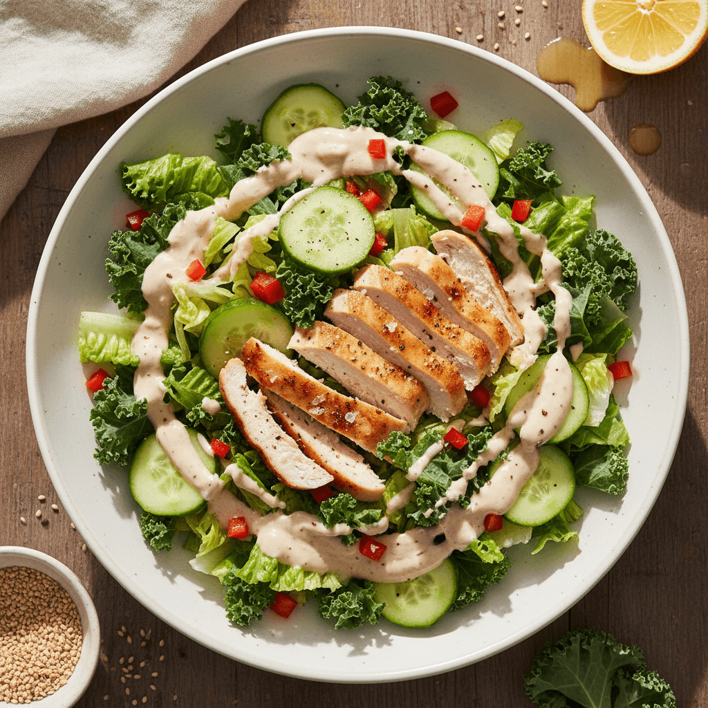 Gaivios salotos su kepta vištiena, agurkais, aitriąja paprika ir kreminiu tahini jogurto padažu, patiektos baltame dubenyje.