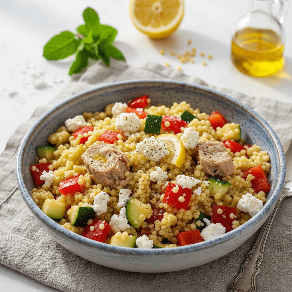 Gaivios tuno salotos su kuskusu, paprika ir cukinija, patiektos dubenyje.