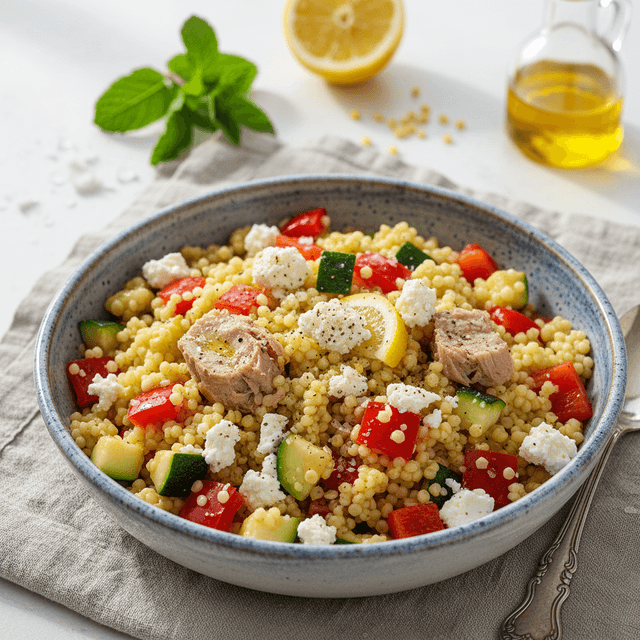 Gaivios tuno salotos su kuskusu, paprika ir cukinija, patiektos dubenyje.