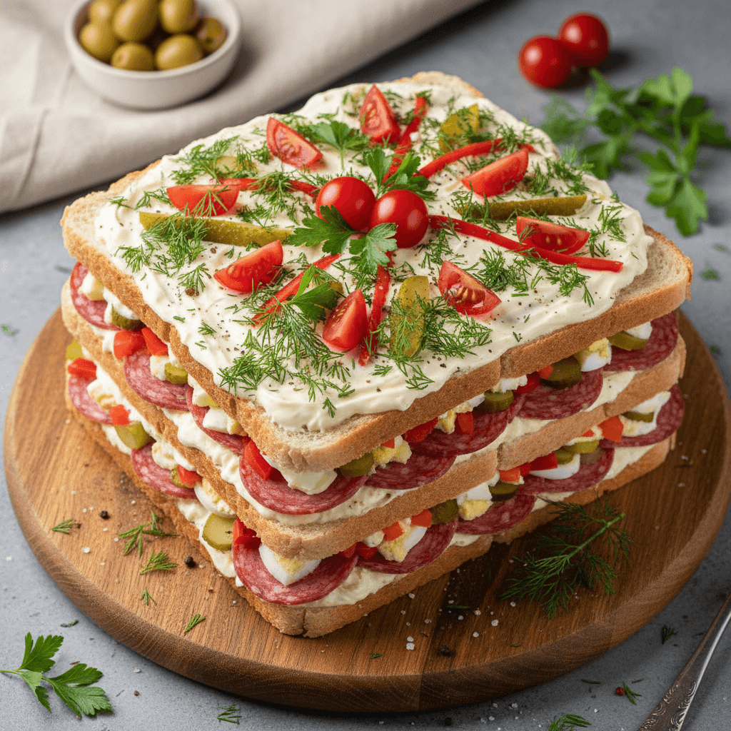 Greitas sumuštinių tortas su saliamiu ir marinuotomis daržovėmis