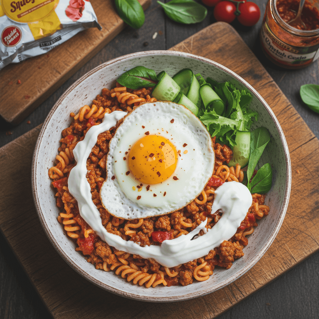 Lėkštė su greitai paruoštais makaronais, maltos mėsos padažu, grietine, agurku, salotomis ir viršuje paguldytu virtu kiaušiniu.