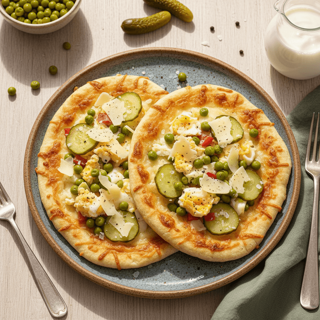 Greitos picos duonelės su išlydytu sūriu, marinuotais agurkėliais ir žaliaisiais žirneliais, patiektos ant medinės lentos.