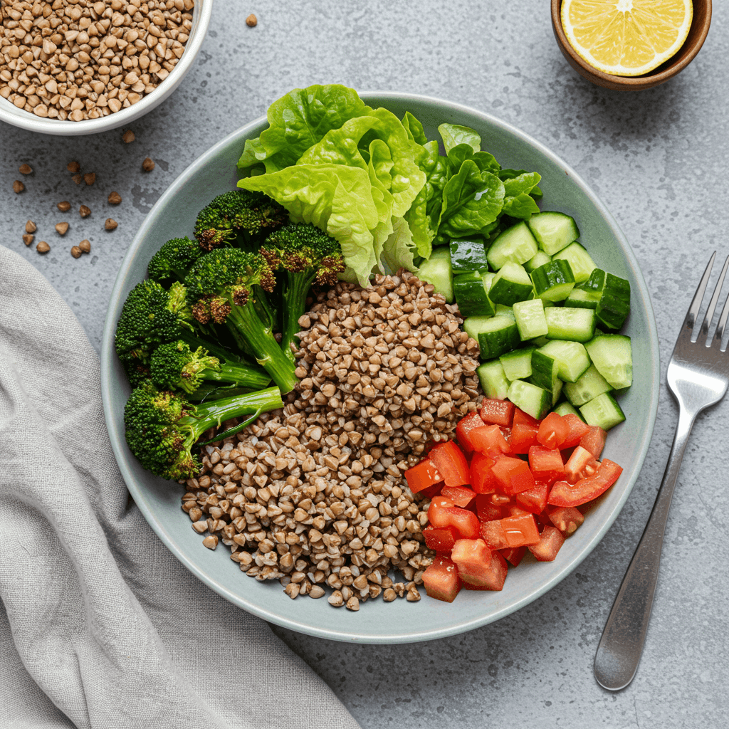 Vegan buckwheat bowl with roasted broccoli, fresh tomato, cucumber, and lettuce
