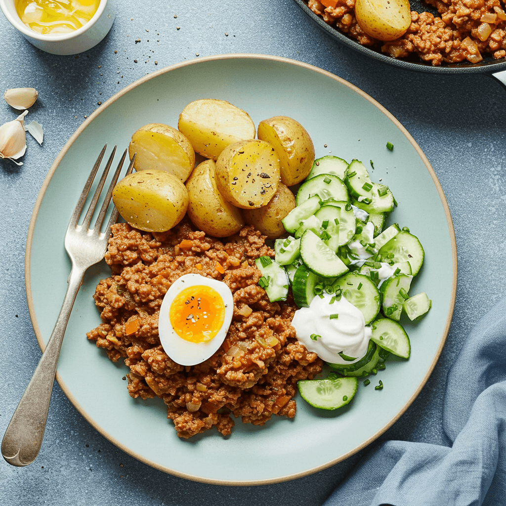 Hearty Minced Meat and Potato Skillet with Zesty Cucumber Salad