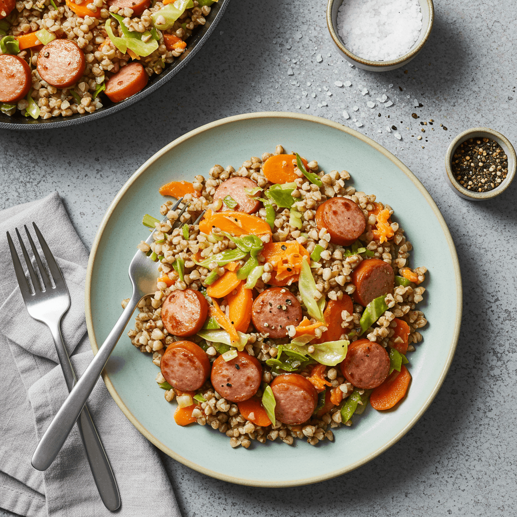 Hearty Sausage Buckwheat Skillet with Carrots and Cabbage