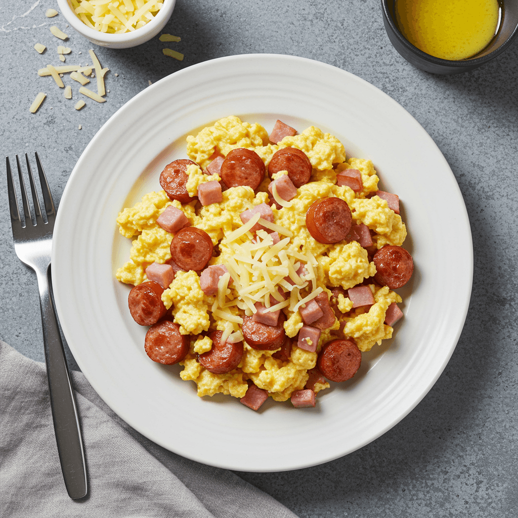 Hearty Sausage Ham and Cheese Scramble Dinner