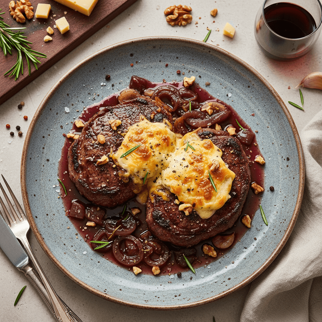 Sultingas jautienos didkepsnis su tamsiu raudonojo vyno padažu, apibarstytas sūrių mišiniu ir šviežiais rozmarino lapeliais, patiektas su traškiomis daržovėmis.