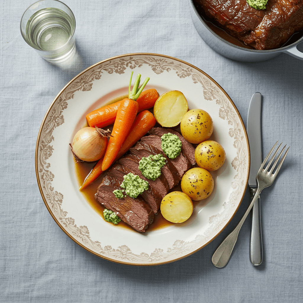 Minkšti virtos jautienos griežinėliai, patiekti su ryškiomis morkomis, pastarnokais ir bulvėmis, pagardinti tirpstančiu žolelių sviestu.