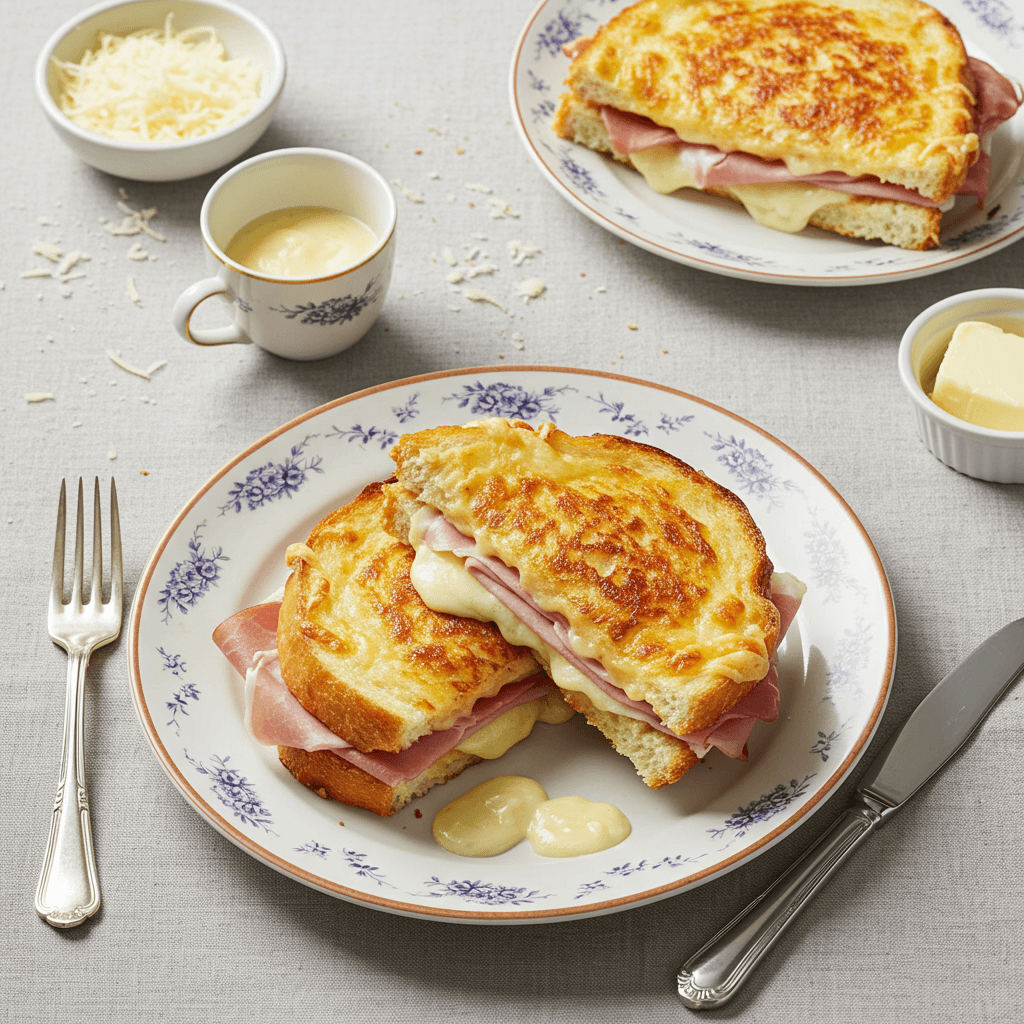 Stambus auksinės rudos spalvos, sūrio „Croque Monsieur“ su ištirpusiu Emmental sūriu ir béchamel padažu vaizdas.