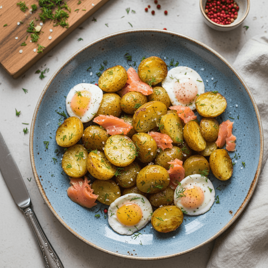 Lėkštė su traškiomis keptomis bulvėmis, ant kurių išdėliota rūkyta lašiša, perpus perpjauti putpelių kiaušiniai ir pabarstyta krapais.