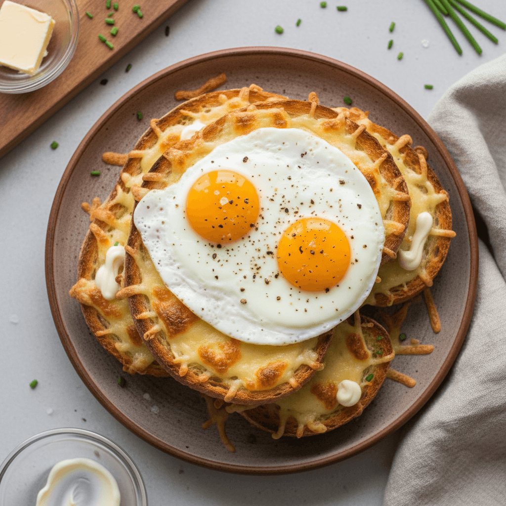 Kepta duona su iškeptu sūriu ir kiaušiniu, patiekta ant medinės lentelės su šviežiomis žolelėmis.