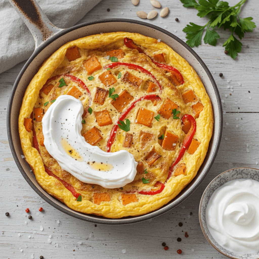 Spalvingas keptas omletas su moliūgo kubeliais ir raudonos paprikos juostelėmis, pabarstytas žalumynais, patiektas lėkštėje.