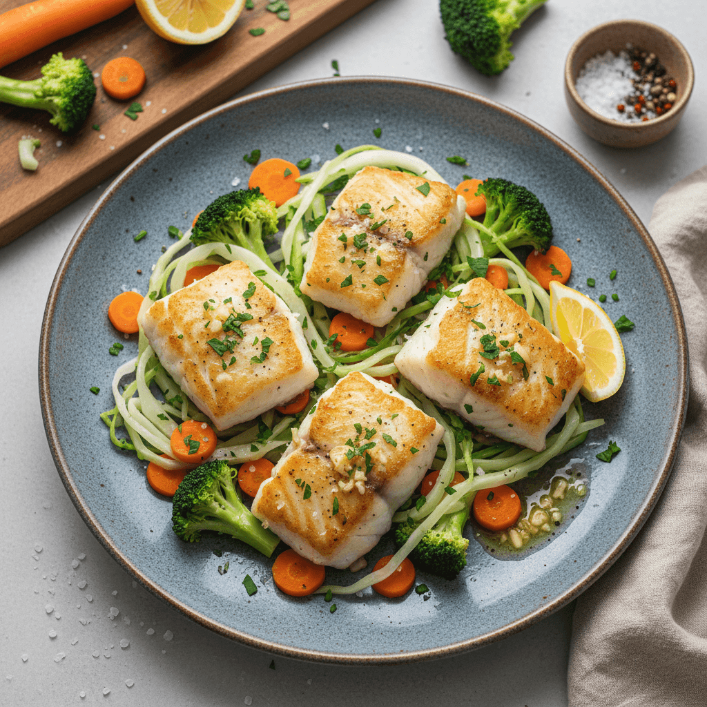 Lėkštė su kepta baltos žuvies filė, brokolių žiedynais, pjaustytu kopūstu ir morkų griežinėliais.