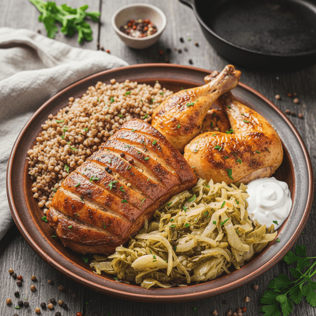 Lėkštėje patiekta kepta kiaulienos sprandinė ir vištienos ketvirčiai, supjaustyti gabalėliais, šalia švelnūs troškinti kopūstai ir purūs grikiai.