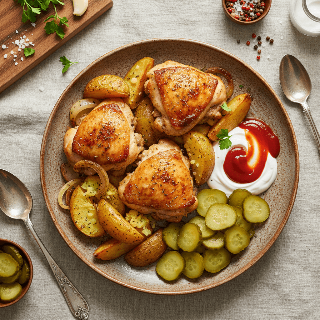 Kepta vištiena su skrudintomis bulvėmis ir marinuotais agurkais lėkštėje