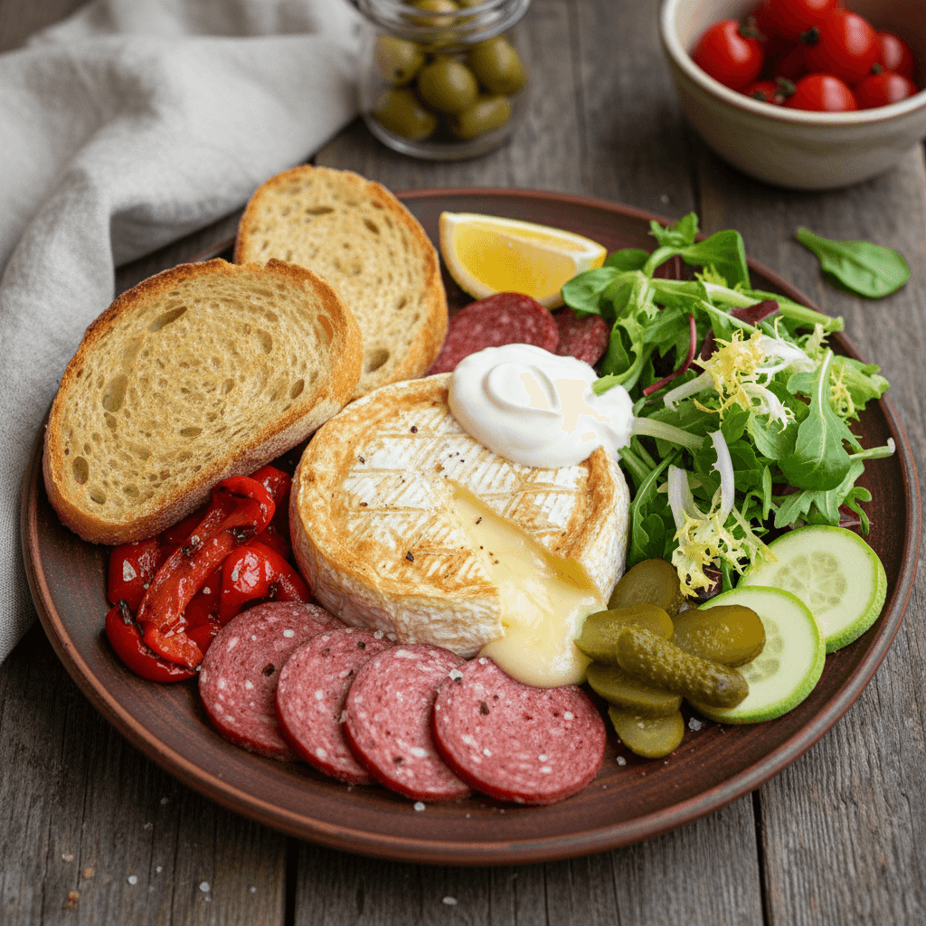 Ant lėkštės patiektas keptas Camembert sūris su keptomis raudonosiomis paprikomis, servelato dešra, aguročiais ir šviežiomis salotomis.