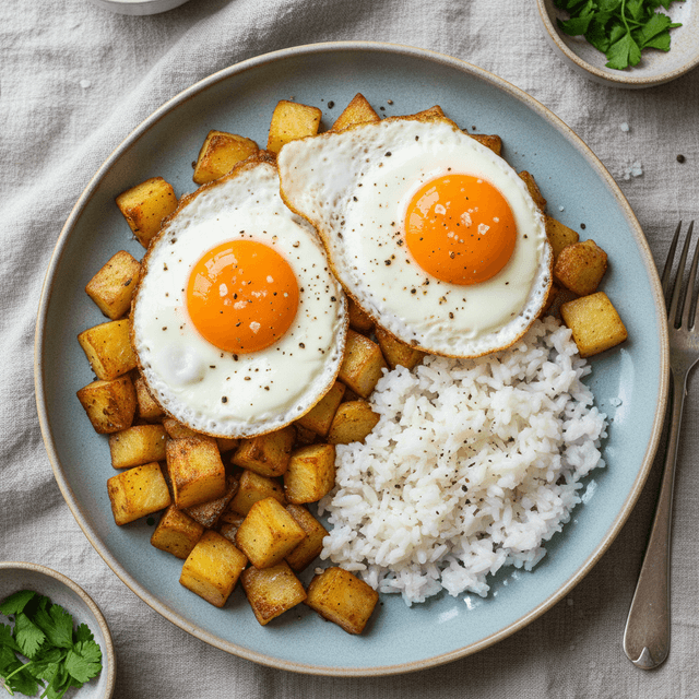 Kepti kiaušiniai su bulvių ir ryžių mišiniu, patiekti pusryčiams.