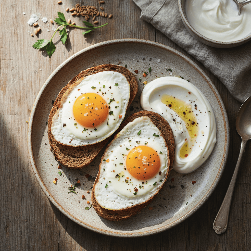 Lėkštė su dviem keptais kiaušiniais ant skrudintos juodos duonos ir indeliu natūralaus jogurto šalia.