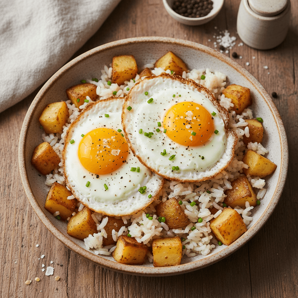 Lėkštė su keptais ryžiais ir bulvėmis, ant viršaus uždėti du kepti kiaušiniai. Patiekalas pabarstytas žalumynais.