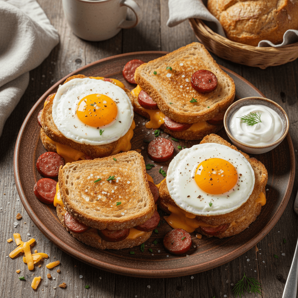 Kepti sumuštiniai su kiaušiniais, dešrelėmis ir tirpstančiu sūriu ant kepimo popieriaus, paruošti valgyti.