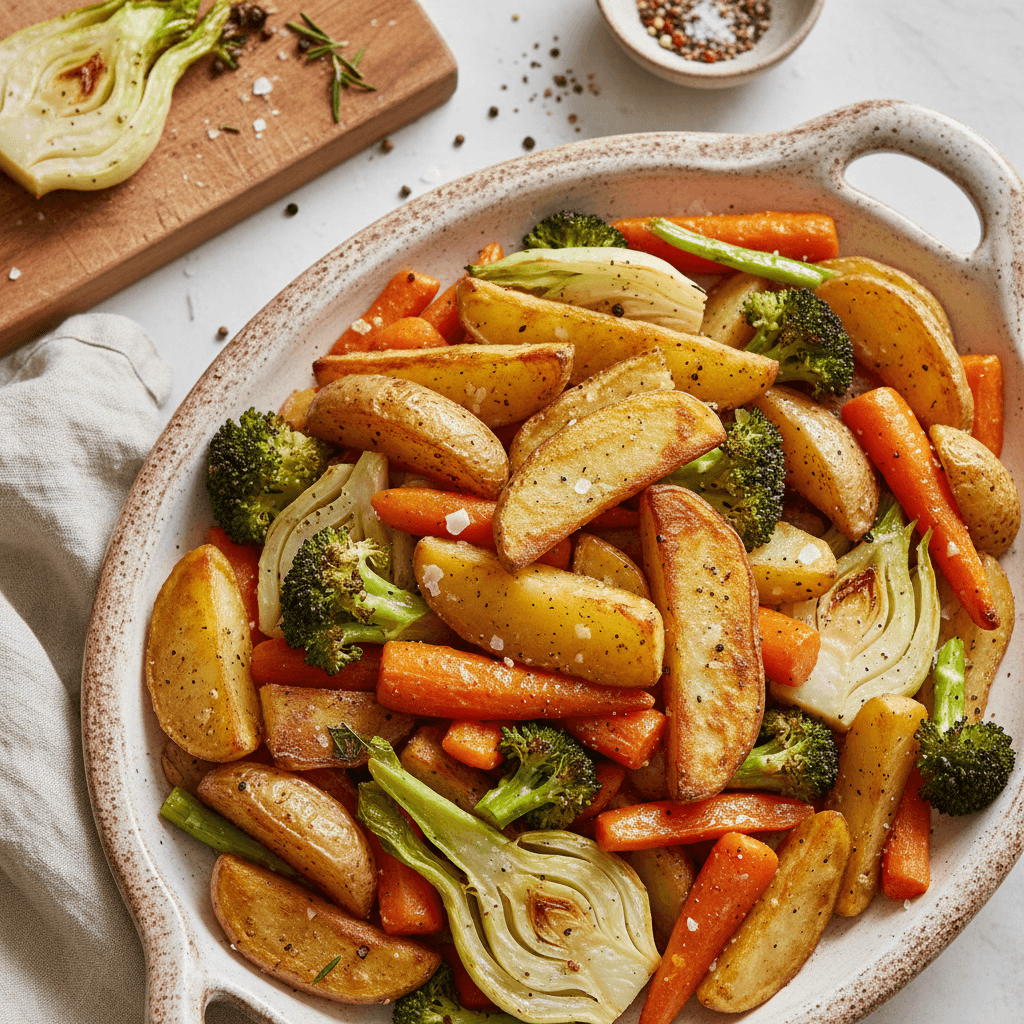 Keptos bulvės su morkomis, pankoliu ir brokoliais, pabarstytos šviežiais prieskoniais, patiektos ant lėkštės.