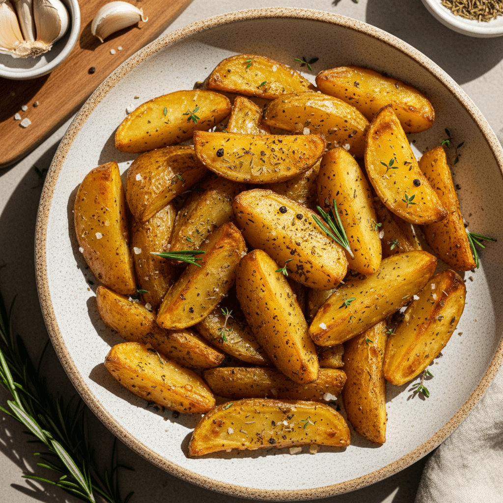 Apskrudusios keptos bulvės su žolelėmis ir smulkintais česnakais, patiektos lėkštėje.