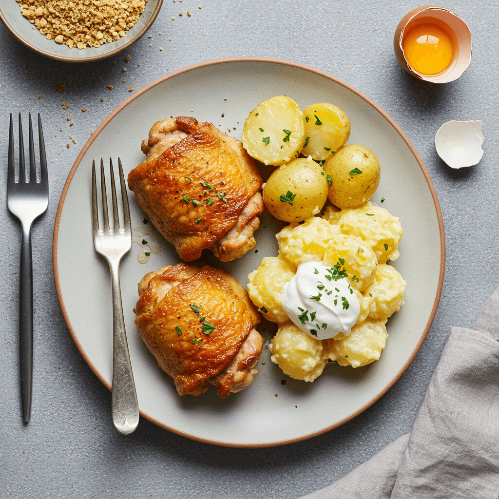 Lėkštė su auksine kepta vištienos šlaunele, kreminė sūrio bulvių košė ir pomidorų kubelių garnyras.