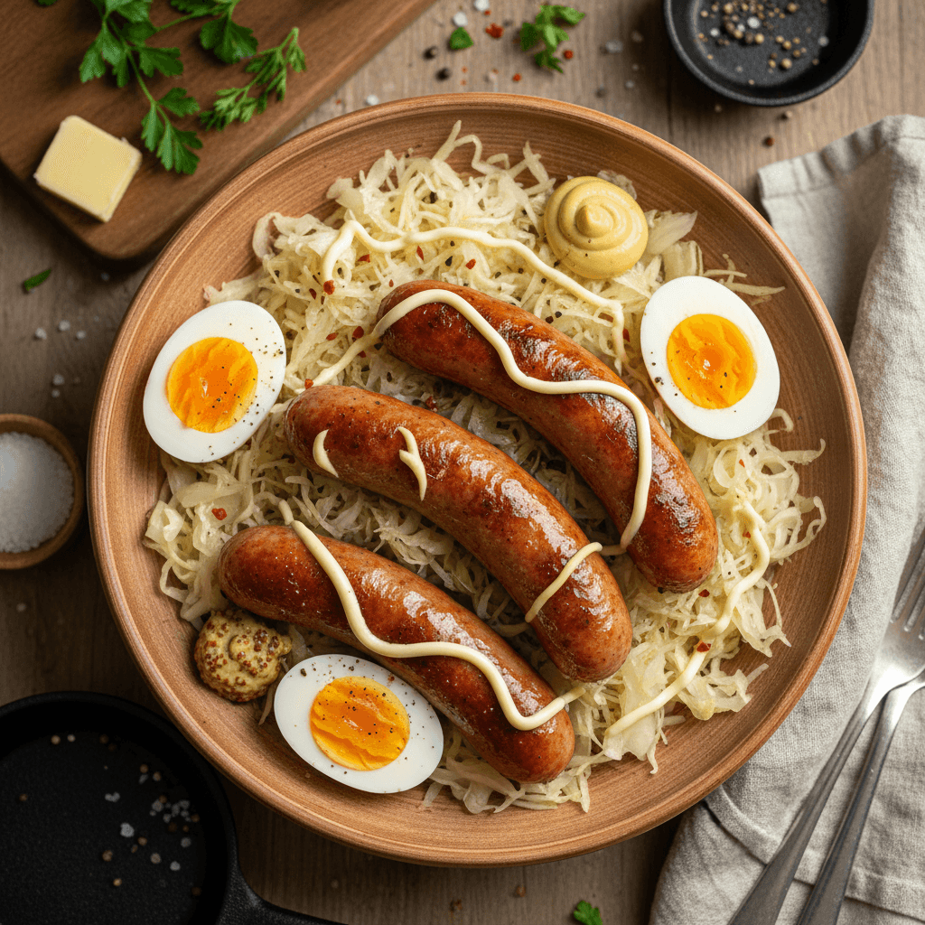 Keptų dešrelių ir raugintų kopūstų salotos