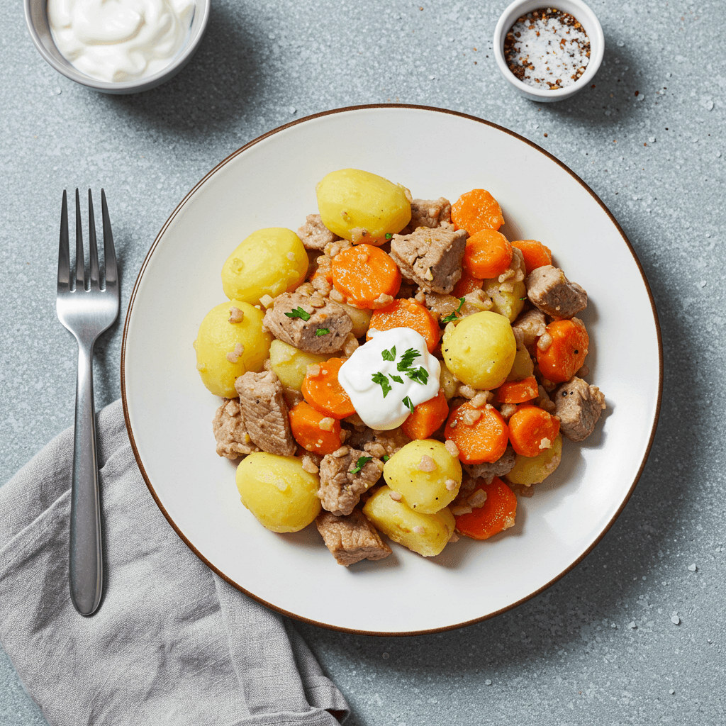 Sotus troškinys su kiauliena, bulvėmis, morkomis ir grietine