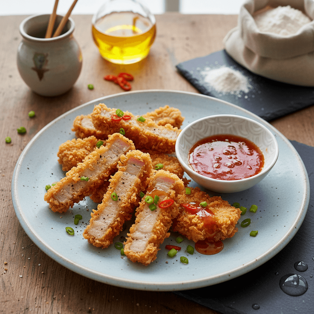 Traški kiaulienos tempura, patiekiama su oranžiniu saldžiarūgščiu padažu ir žaliomis žolelėmis.