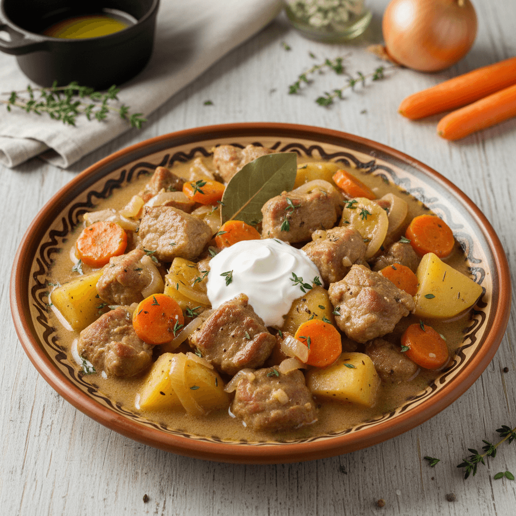 Sotus kiaulienos troškinys su bulvėmis, morkomis ir kreminiu padažu, patiektas gilioje lėkštėje.