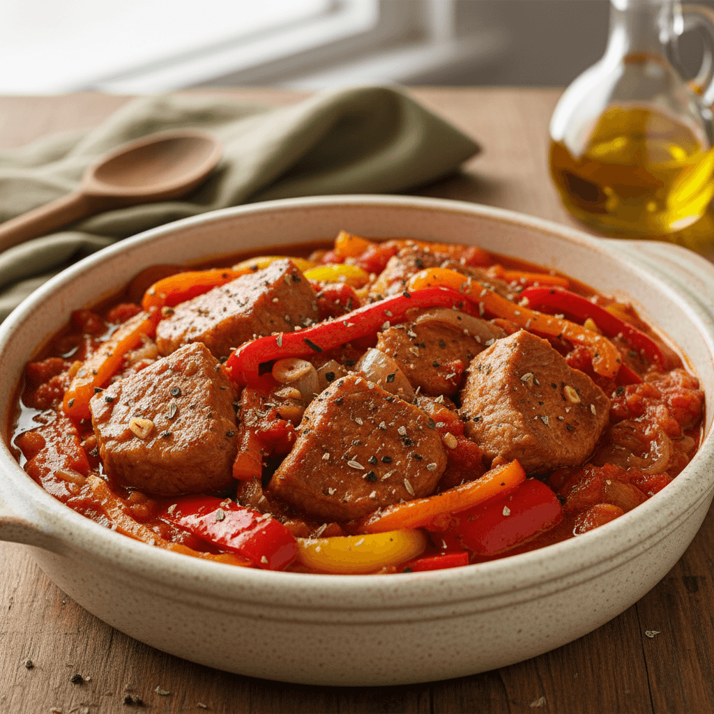 Sotus kiaulienos troškinys su raudonaisiais ir geltonaisiais paprikos gabalėliais, tirštame pomidorų padaže, patiektas gilioje lėkštėje.