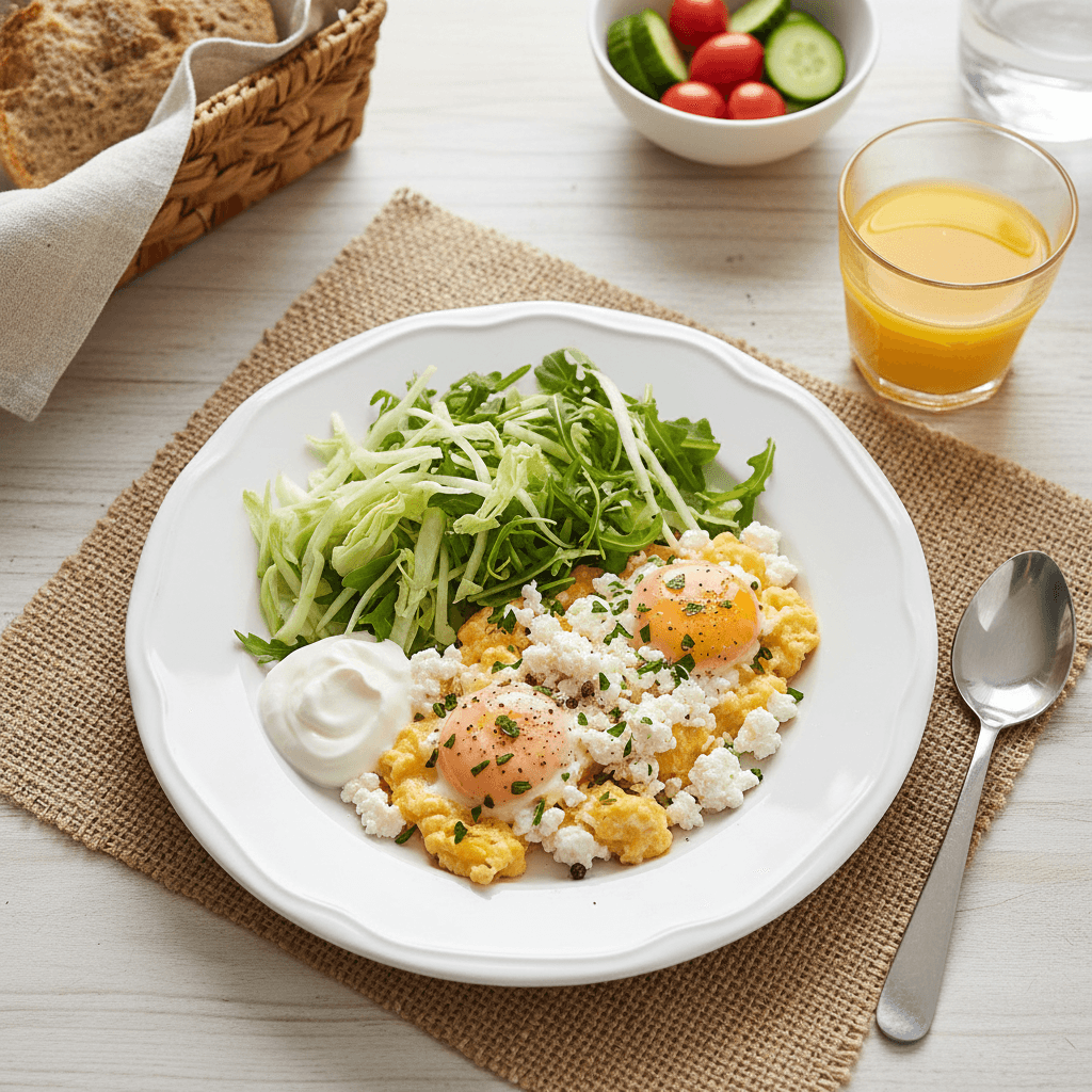 Lėkštė kiaušinienės su grūdėta varške ir šviežiais kopūstais bei sultimis fone.