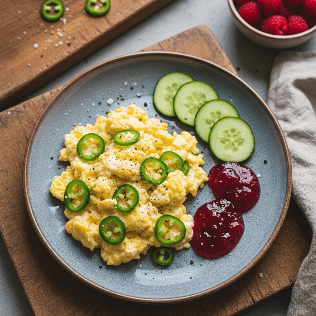 Aštri kiaušinienė su smulkintais jalapenais, patiekta su šviežiu agurku ir raudona uogiene.