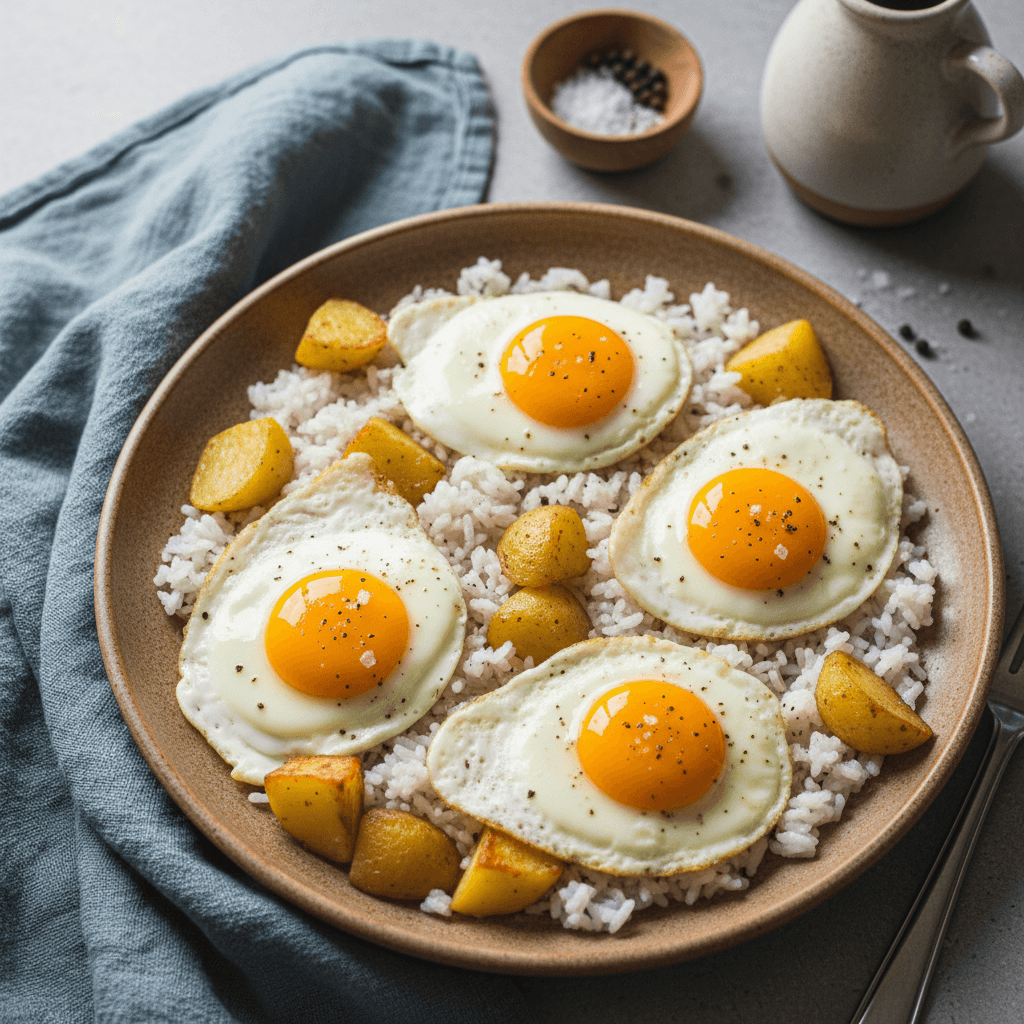 Lėkštė su puria kiaušiniene, sumaišyta su kepintomis bulvių kubeliais ir biriais ryžiais.