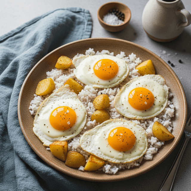 Lėkštė su puria kiaušiniene, sumaišyta su kepintomis bulvių kubeliais ir biriais ryžiais.