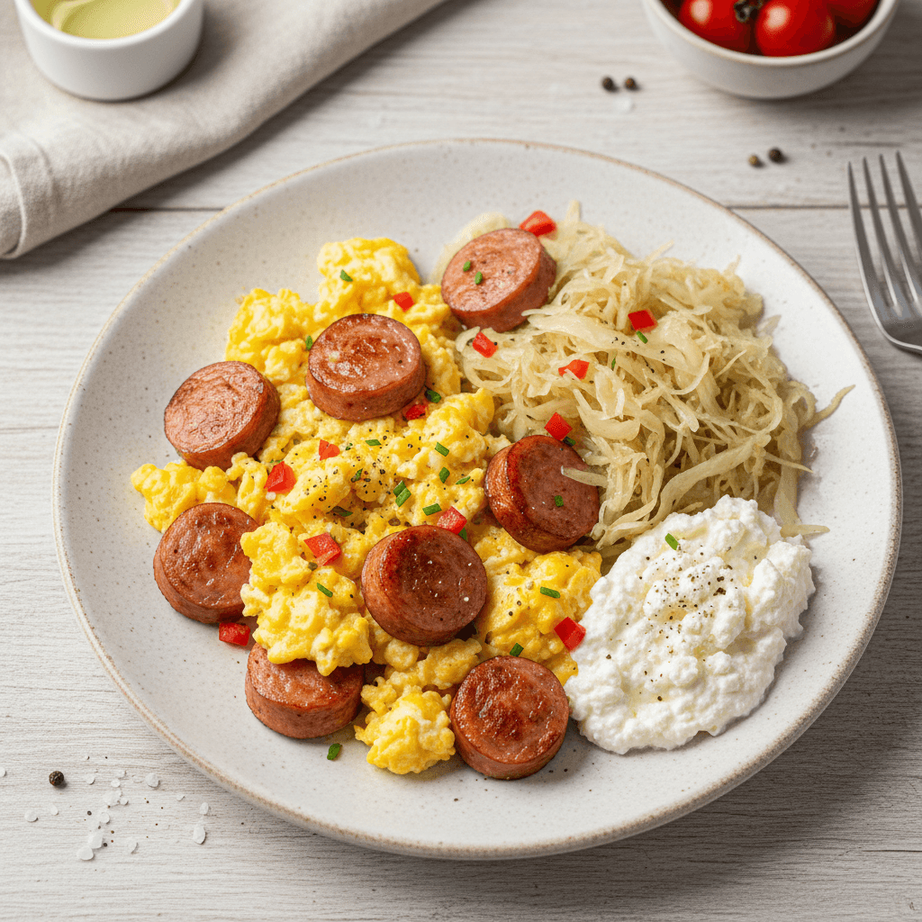 Kiaušinienė su keptomis sardelėmis, smulkinta paprika, raugintais kopūstais ir varške patiekta lėkštėje.