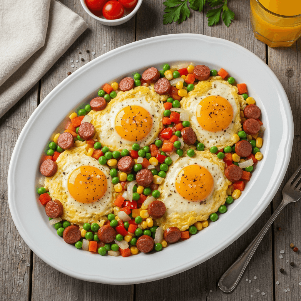 Lėkštė kiaušinienės su dešrelėmis ir spalvingomis keptomis daržovėmis, papuošta šviežiomis žolelėmis.