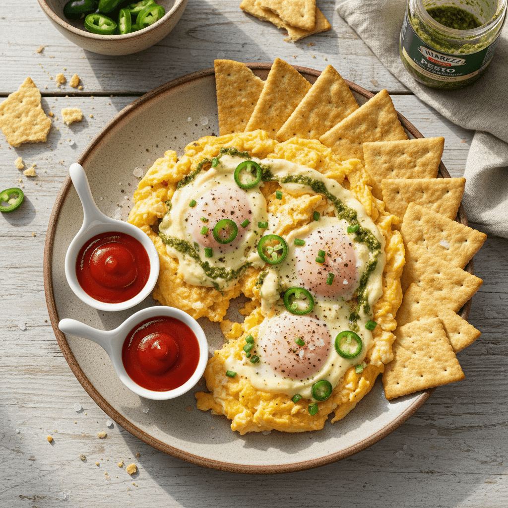 Kiaušinienė su kreminiu sūriu, pesto ir jalapenais, patiekta su TUC krekeriais ir padažais.