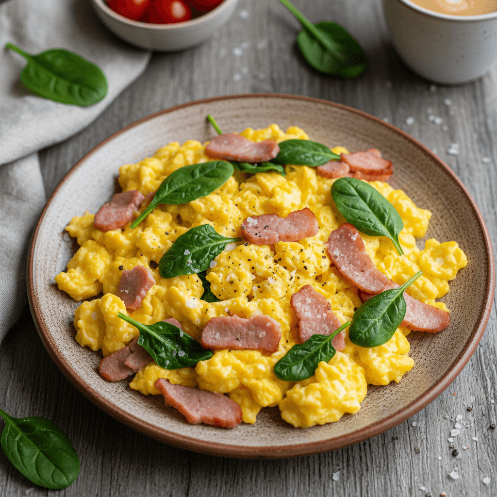 Lėkštėje patiekta puri kiaušinienė su apkeptais kumpio gabalėliais ir špinatais.