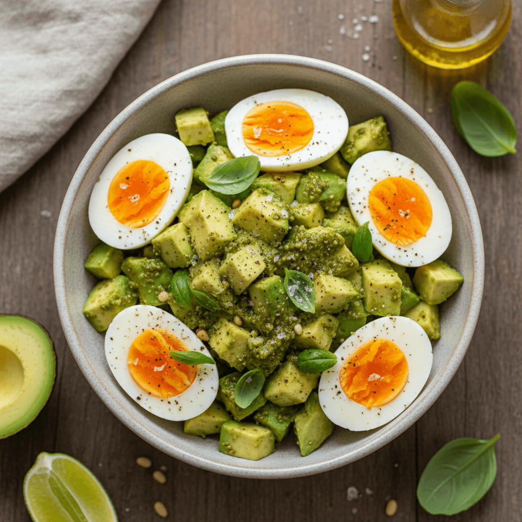 Kiaušinių salotos su avokadu ir pesto